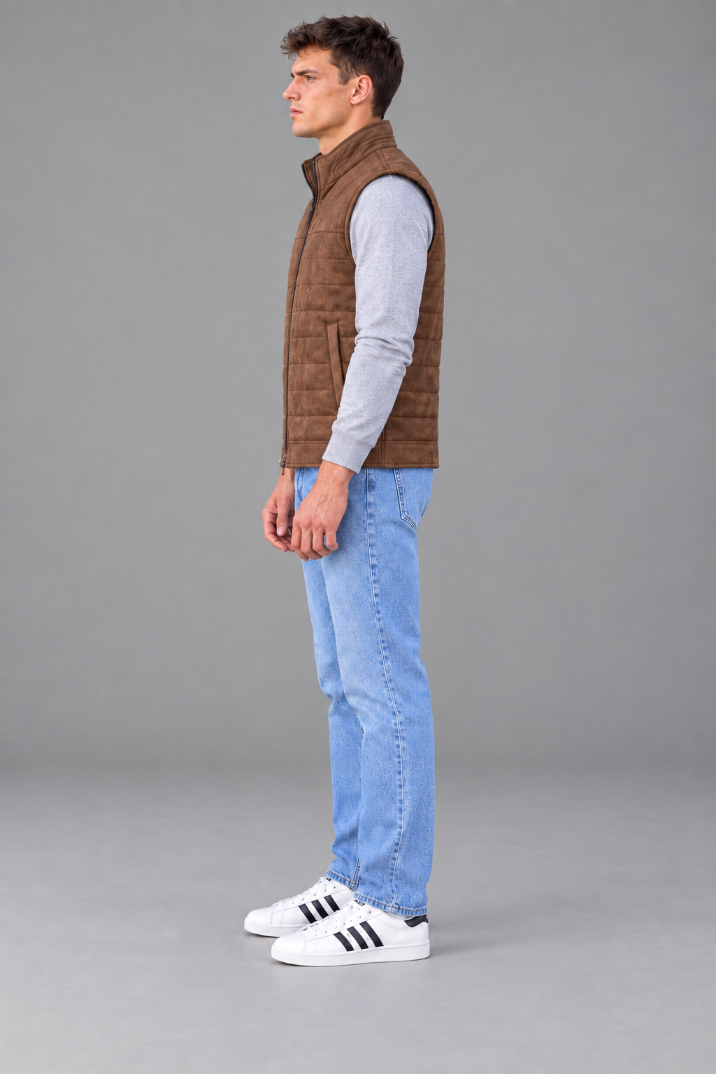 Men’s Regular Fit Suede Woven Gilet – Cocoa Brown Full-Zip Sleeveless Jacket