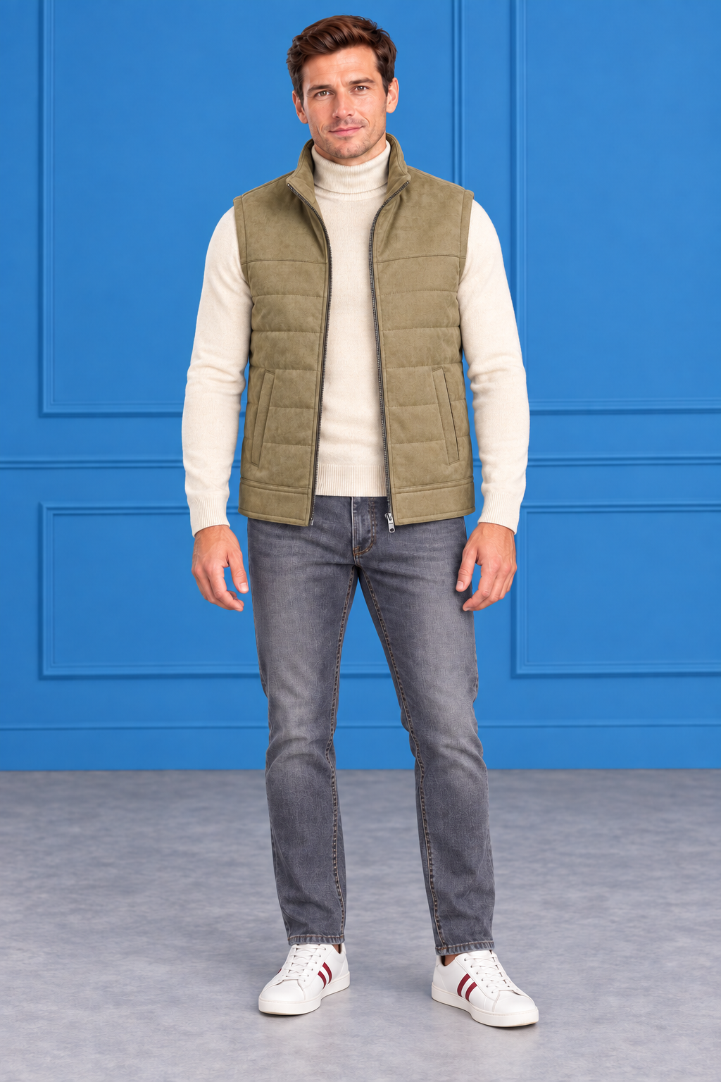 Men’s Khaki Quilted Knitted Suede Puffer Gilet – Regular Fit Full Zip Sleeveless Jacket
