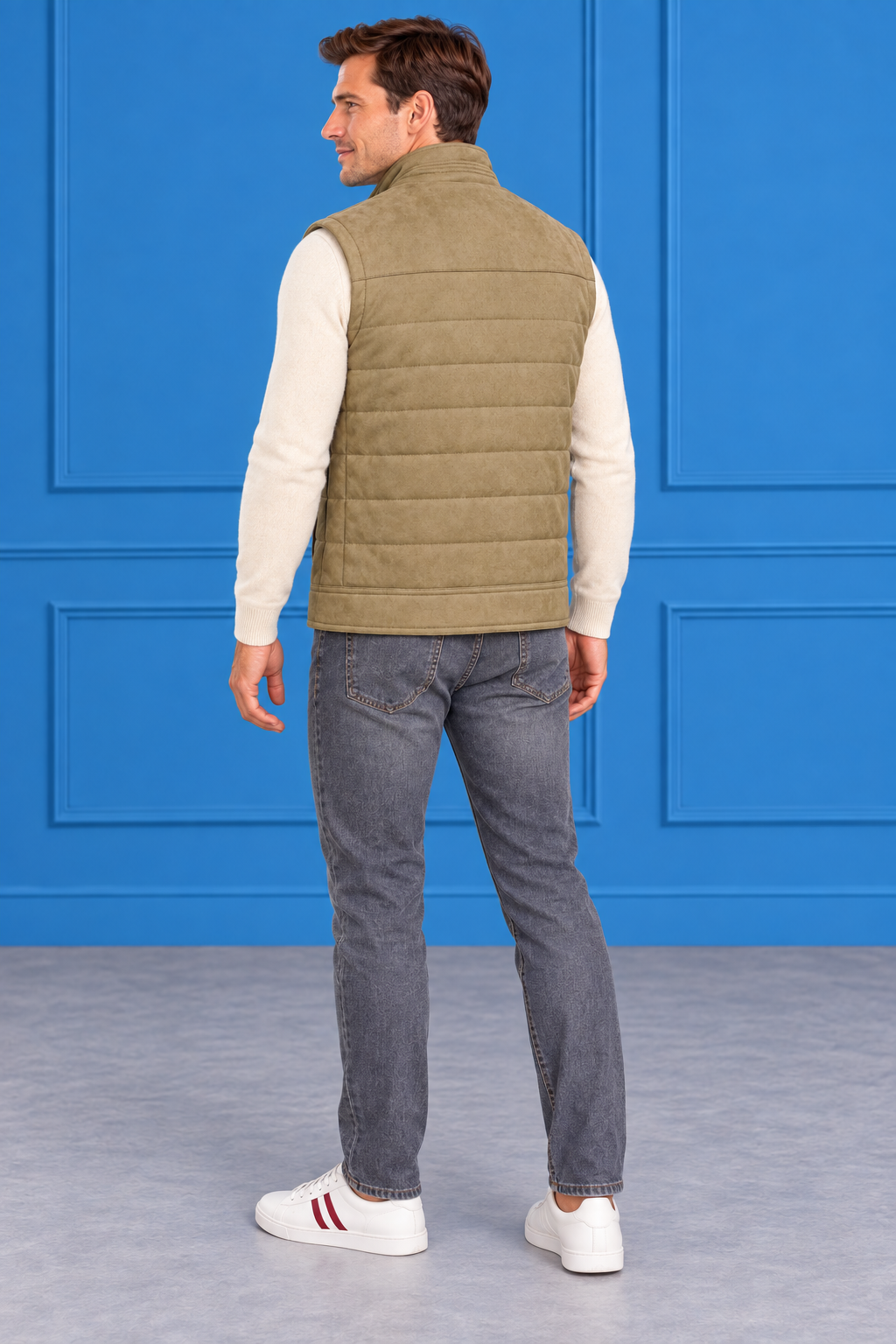 Men’s Khaki Quilted Knitted Suede Puffer Gilet – Regular Fit Full Zip Sleeveless Jacket