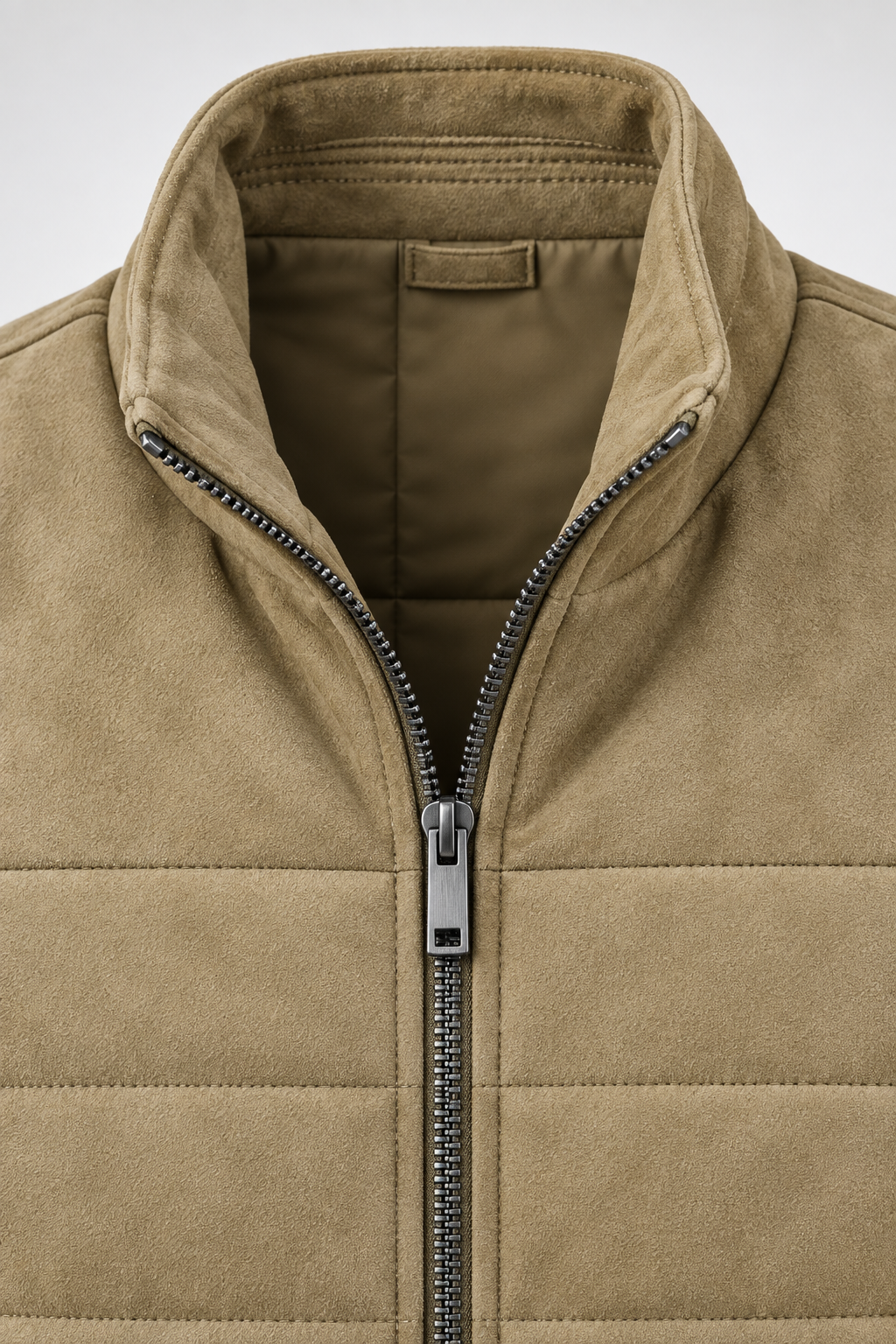 Men’s Khaki Quilted Knitted Suede Puffer Gilet – Regular Fit Full Zip Sleeveless Jacket