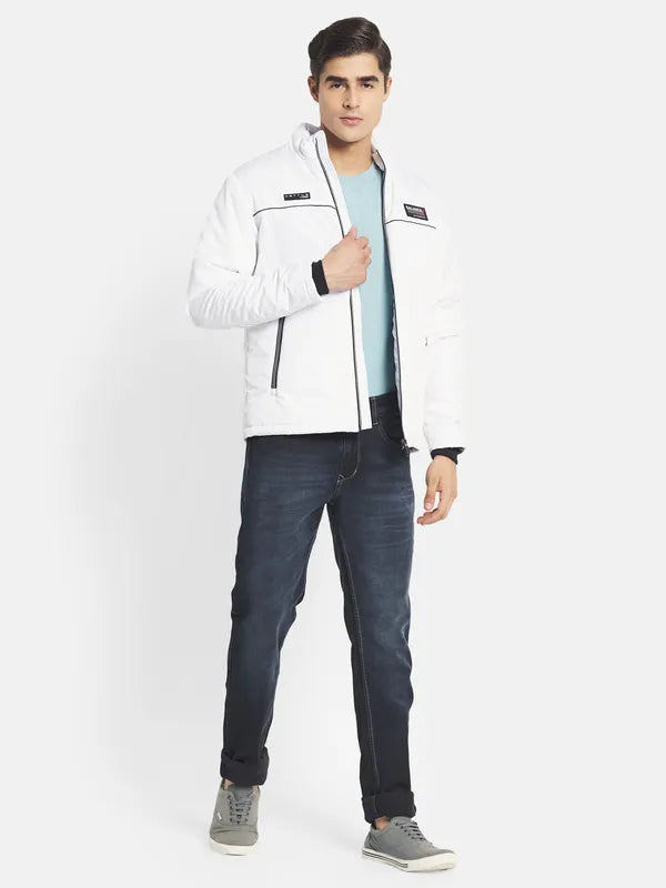 Mettle Men White Colourblocked Bomber With Embroidered Jacket