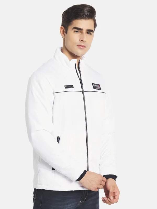 Mettle Men White Colourblocked Bomber With Embroidered Jacket