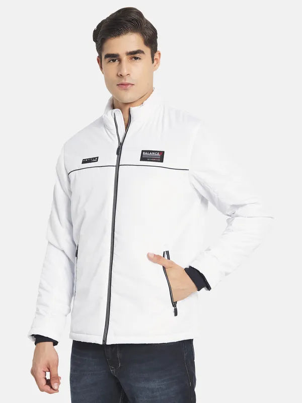 Mettle Men White Colourblocked Bomber With Embroidered Jacket