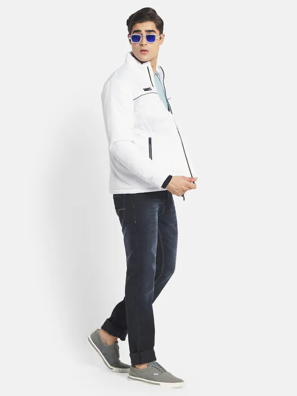 Mettle Men White Colourblocked Bomber With Embroidered Jacket