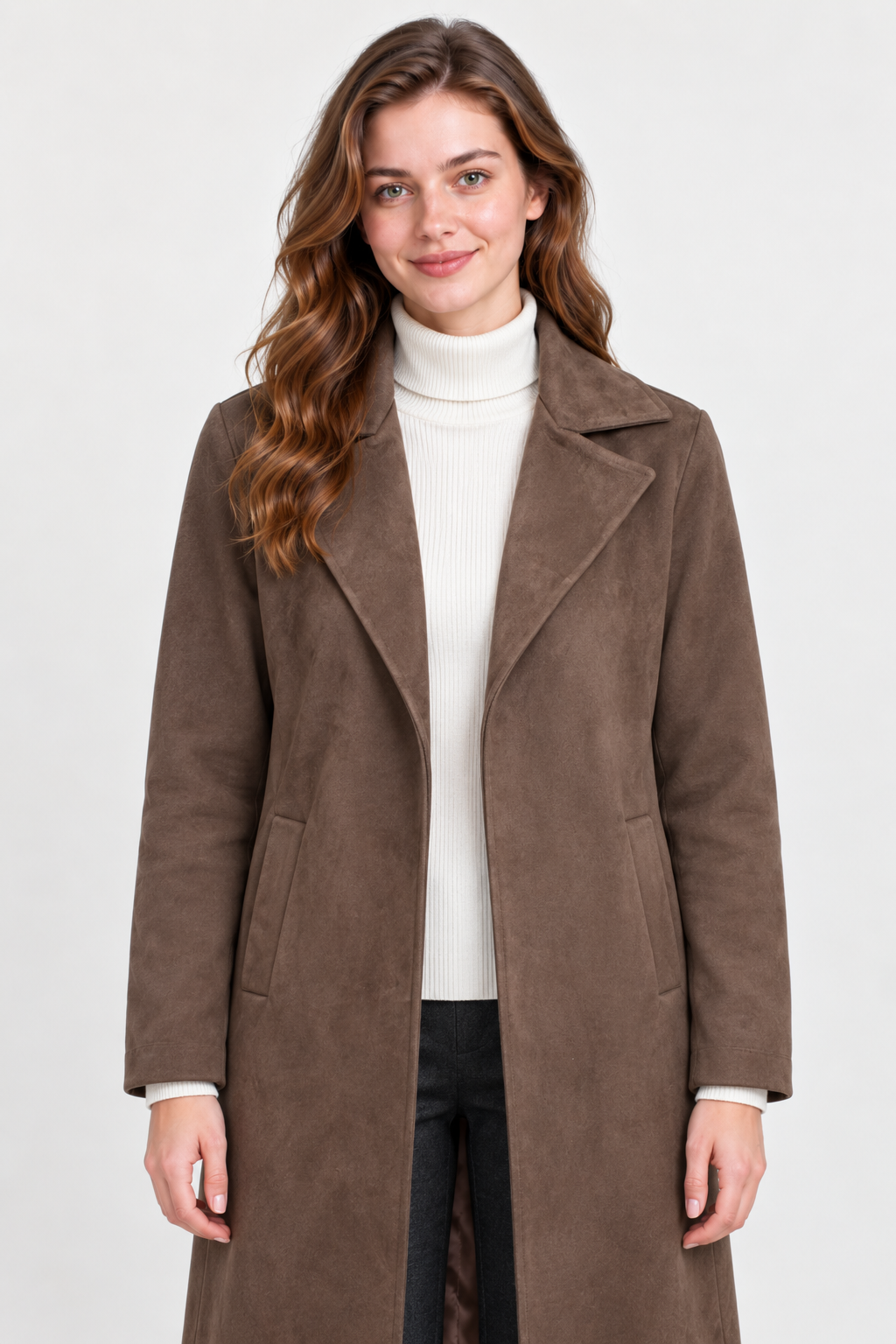 Women’s Regular Fit Knitted Suede Long Coat – Espresso Brown