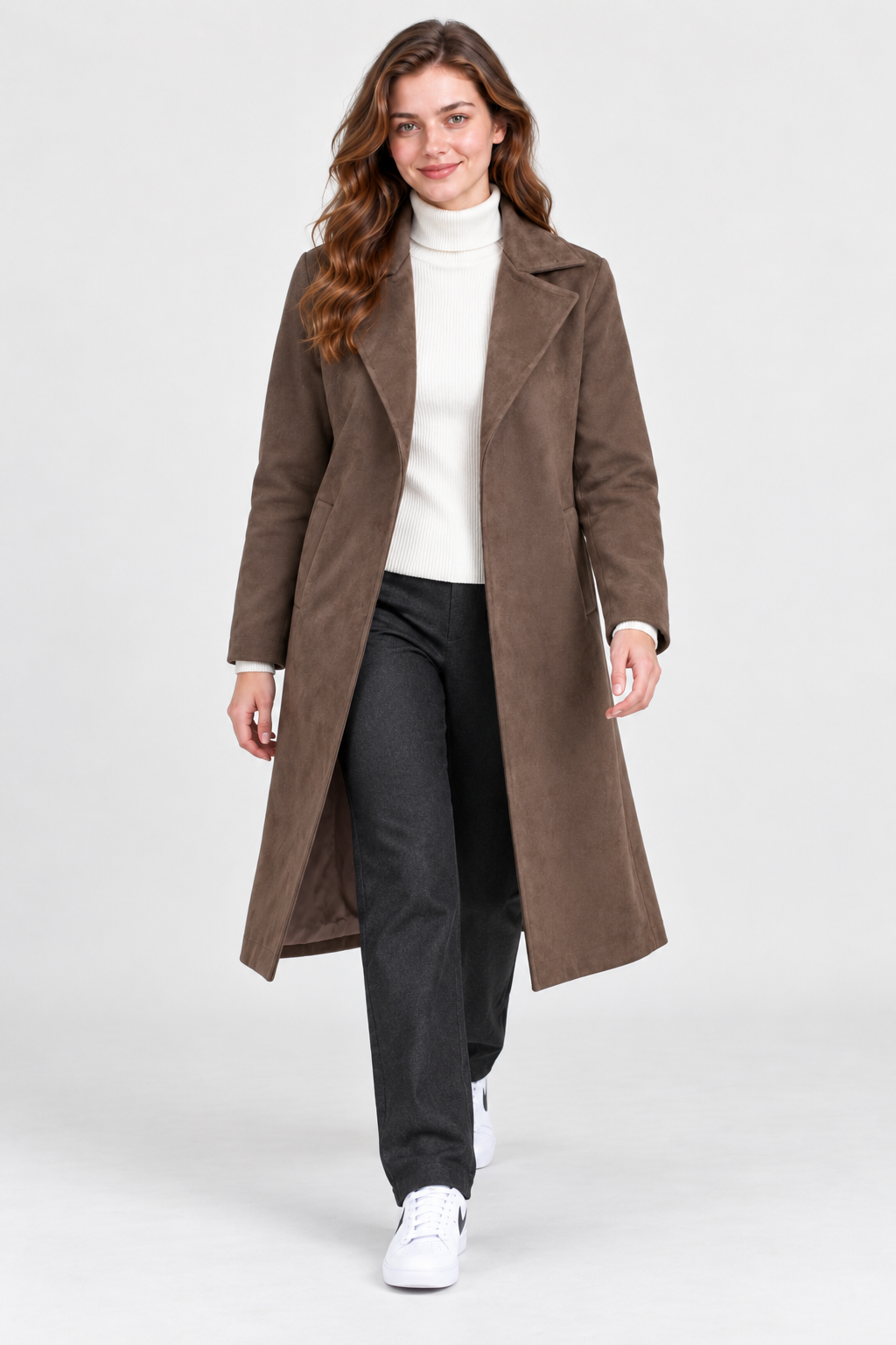 Women’s Regular Fit Knitted Suede Long Coat – Espresso Brown