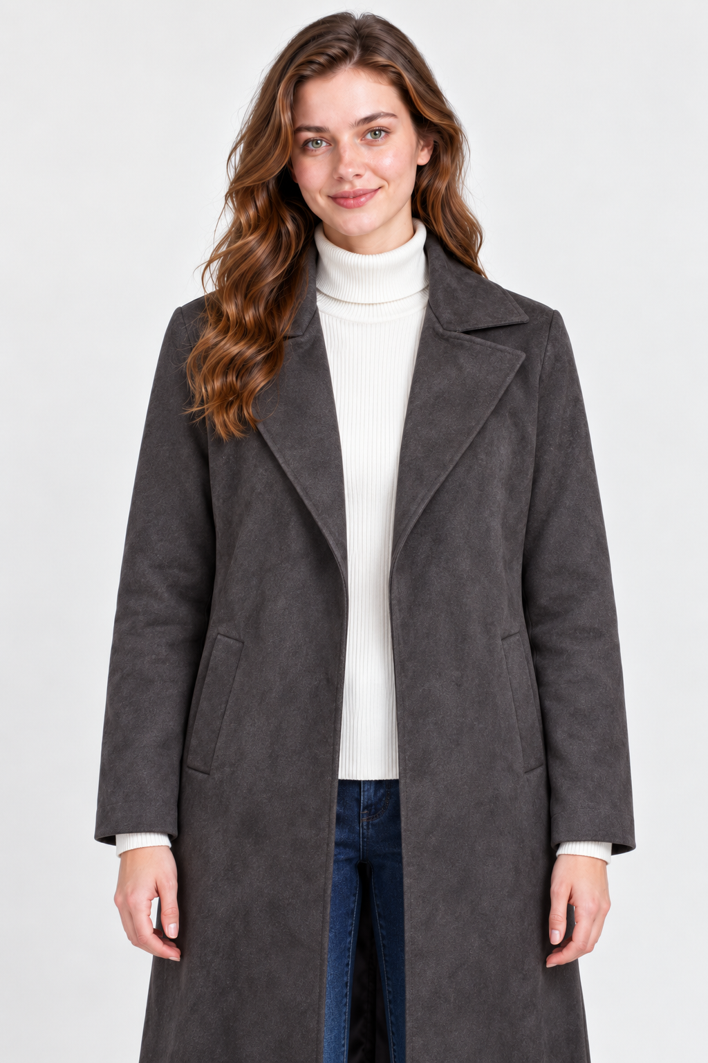 Women’s Regular Fit Knitted Suede Long Coat – Peacock
