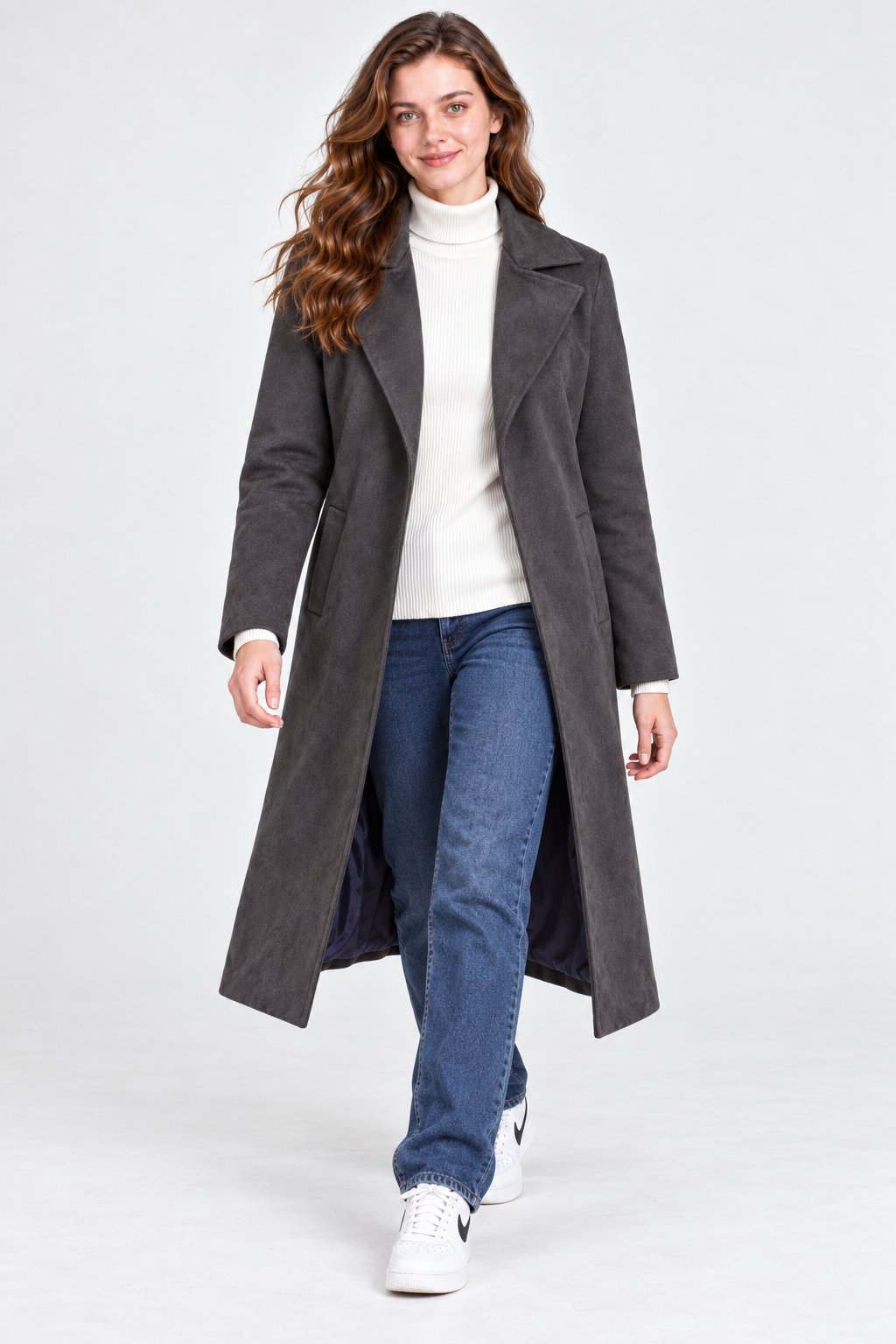 Women’s Regular Fit Knitted Suede Long Coat – Peacock