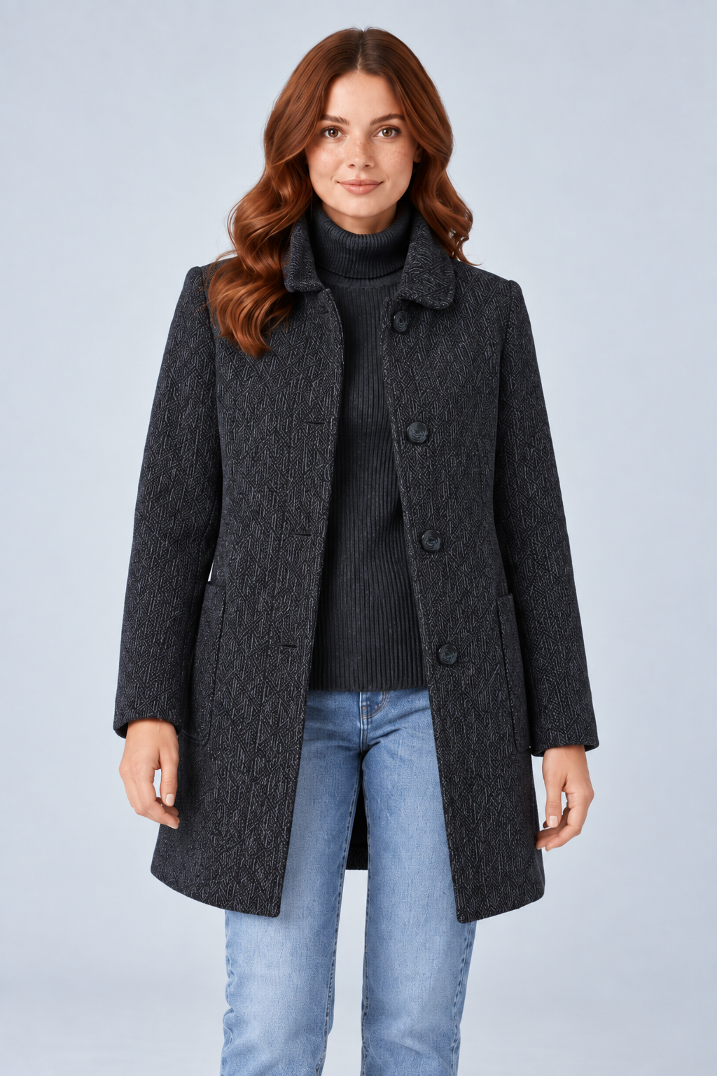 Women’s Regular Fit Chenille Long Coat – Navy Textured Button-Front Coat