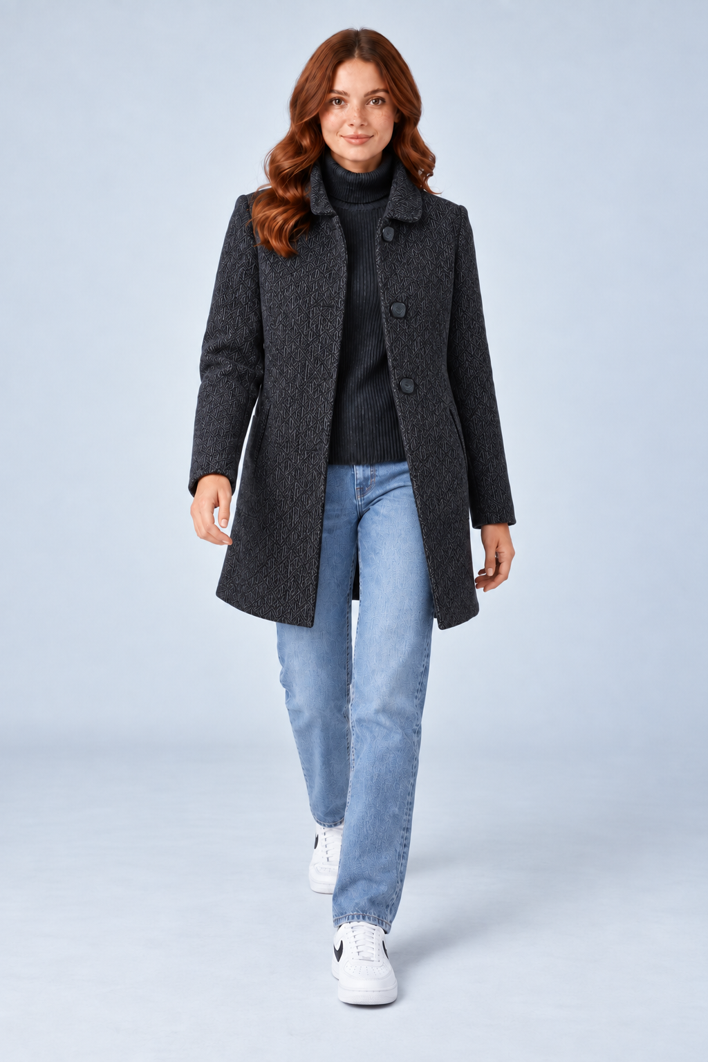 Women’s Regular Fit Chenille Long Coat – Navy Textured Button-Front Coat