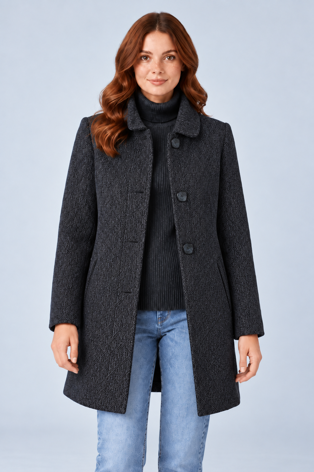 Women’s Regular Fit Chenille Long Coat – Navy Textured Button-Front Coat