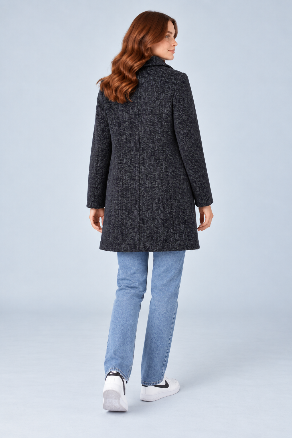Women’s Regular Fit Chenille Long Coat – Navy Textured Button-Front Coat