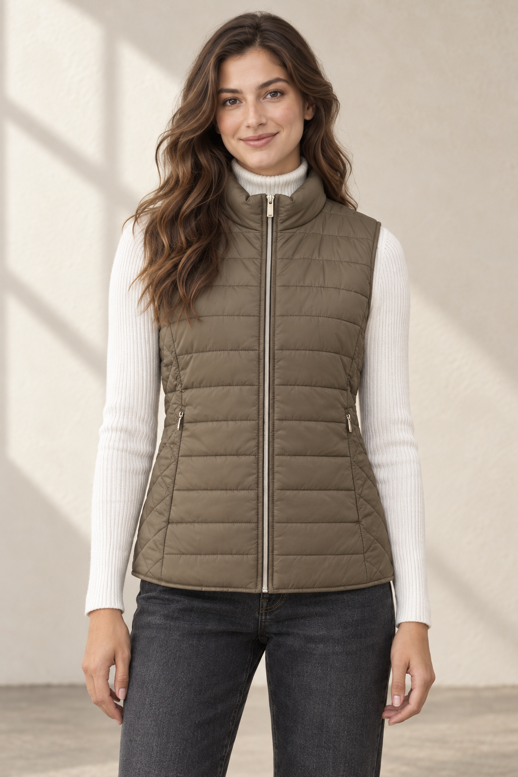 Women’s Lightweight Reversible Woven Puffer Gilet – Mud Dark Beige Regular Fit