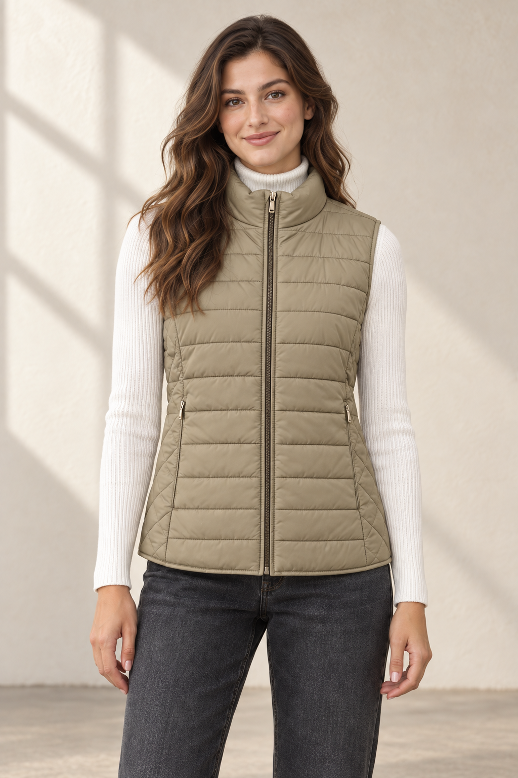 Women’s Lightweight Reversible Woven Puffer Gilet – Mud Dark Beige Regular Fit