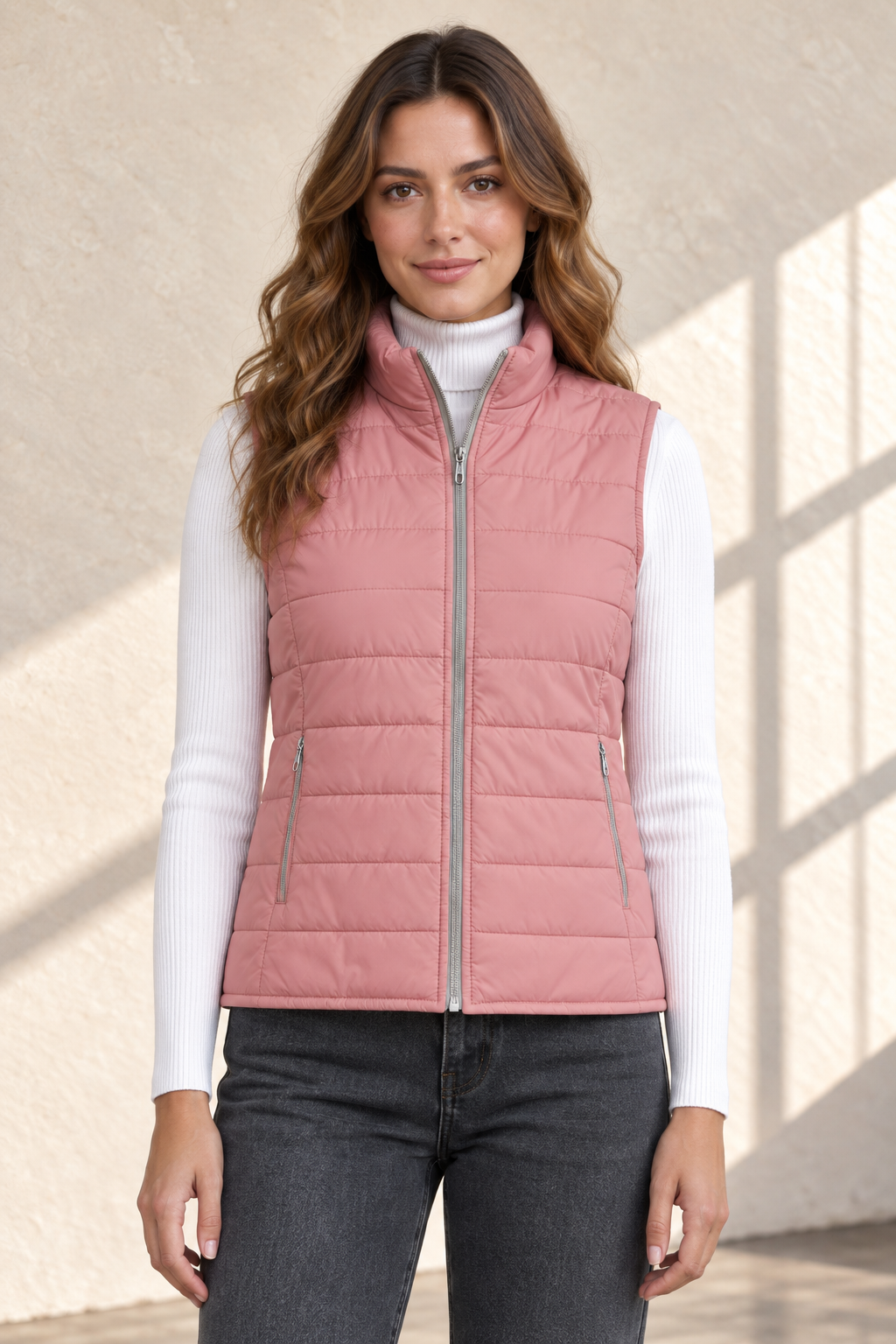 Women’s Lightweight Reversible Woven Puffer Gilet – Stone & Blush Regular Fit