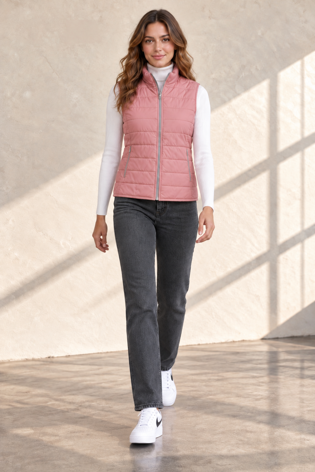 Women’s Lightweight Reversible Woven Puffer Gilet – Stone & Blush Regular Fit