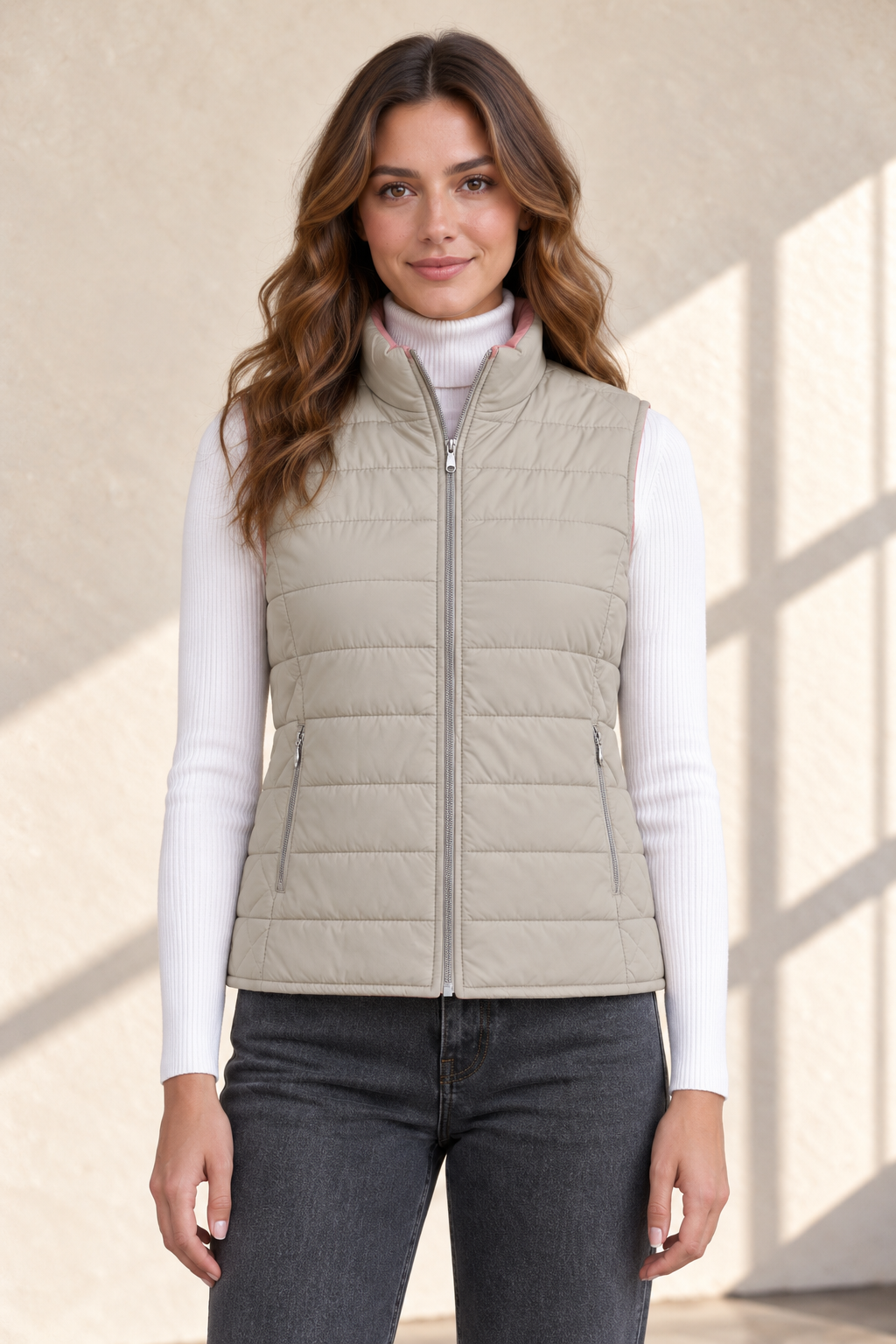 Women’s Lightweight Reversible Woven Puffer Gilet – Stone & Blush Regular Fit