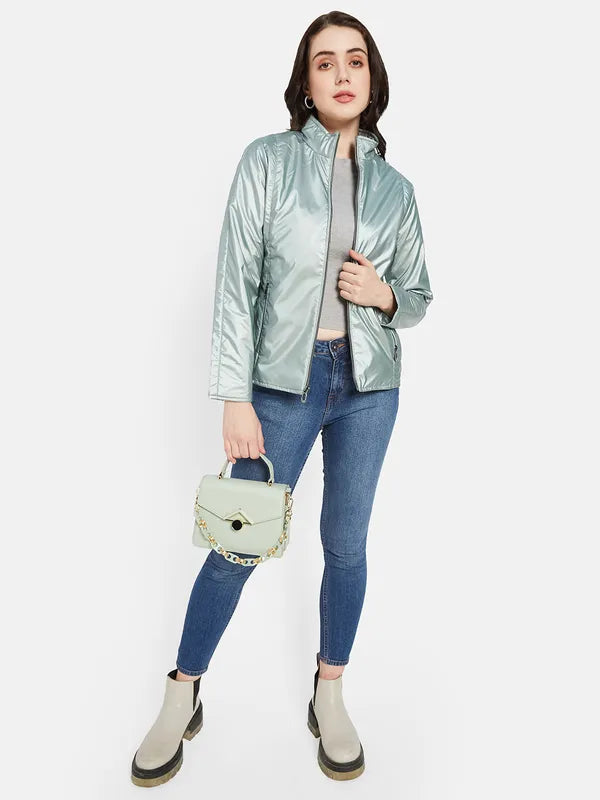 Mettle Women Olive Green Checked Sporty Jacket