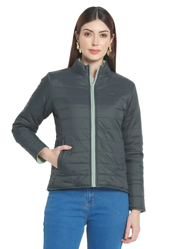 Mettle Women Olive Green Stand Collar Padded Jacket