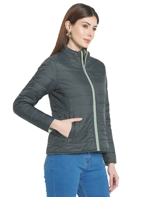 Mettle Women Olive Green Stand Collar Padded Jacket