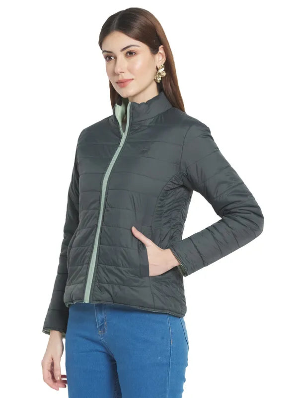 Mettle Women Olive Green Stand Collar Padded Jacket