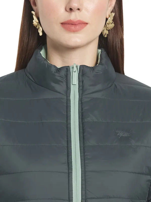 Mettle Women Olive Green Stand Collar Padded Jacket