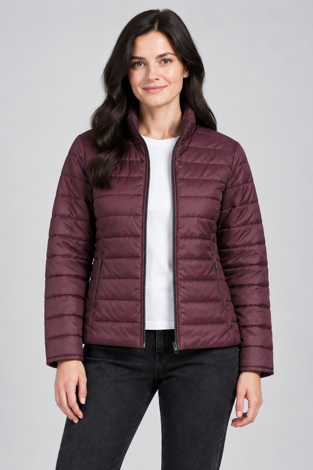 Women’s Lightweight Reversible Woven Puffer Jacket – Black & Wine Regular Fit