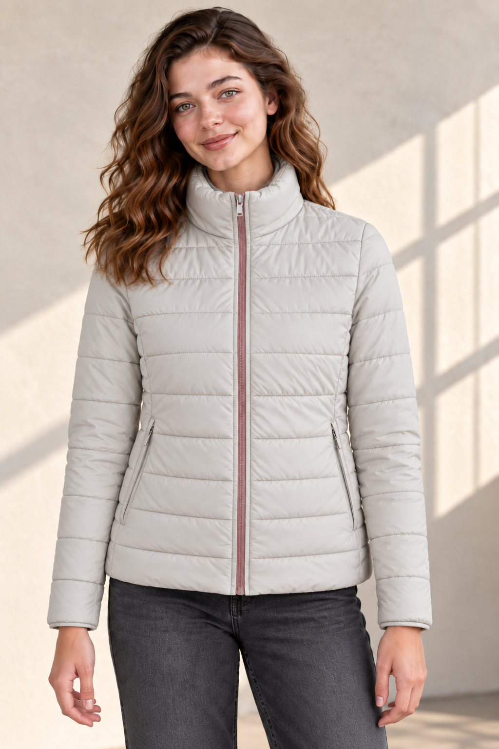 Women’s Lightweight Reversible Nylon Puffer Jacket – Blush & Stone Regular Fit