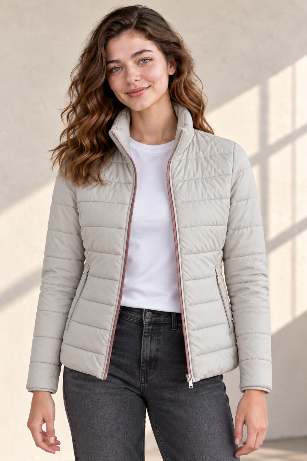 Women’s Lightweight Reversible Nylon Puffer Jacket – Blush & Stone Regular Fit
