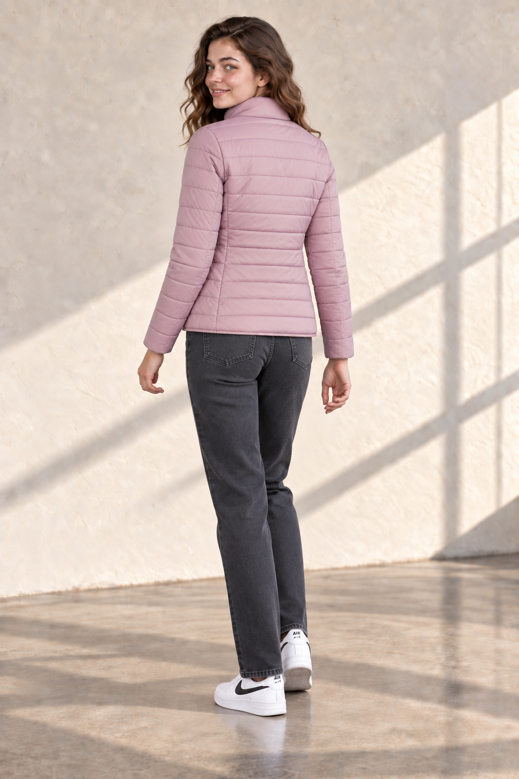 Women’s Lightweight Reversible Nylon Puffer Jacket – Blush & Stone Regular Fit