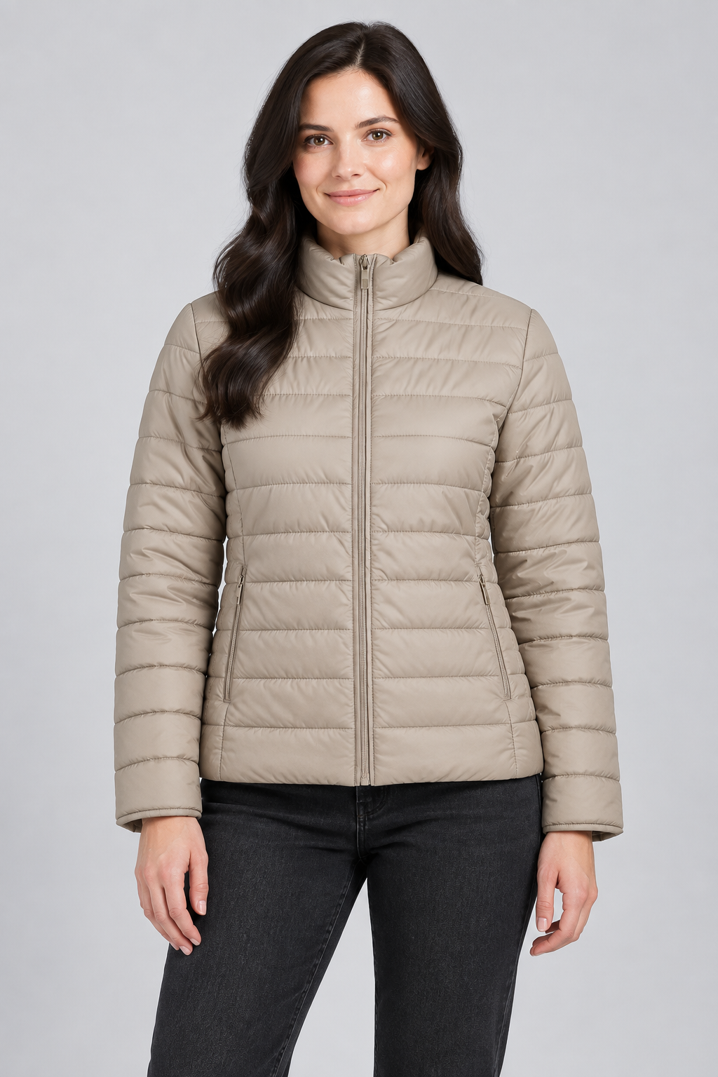 Women’s Lightweight Reversible Nylon Puffer Jacket – Champagne Beige Regular Fit