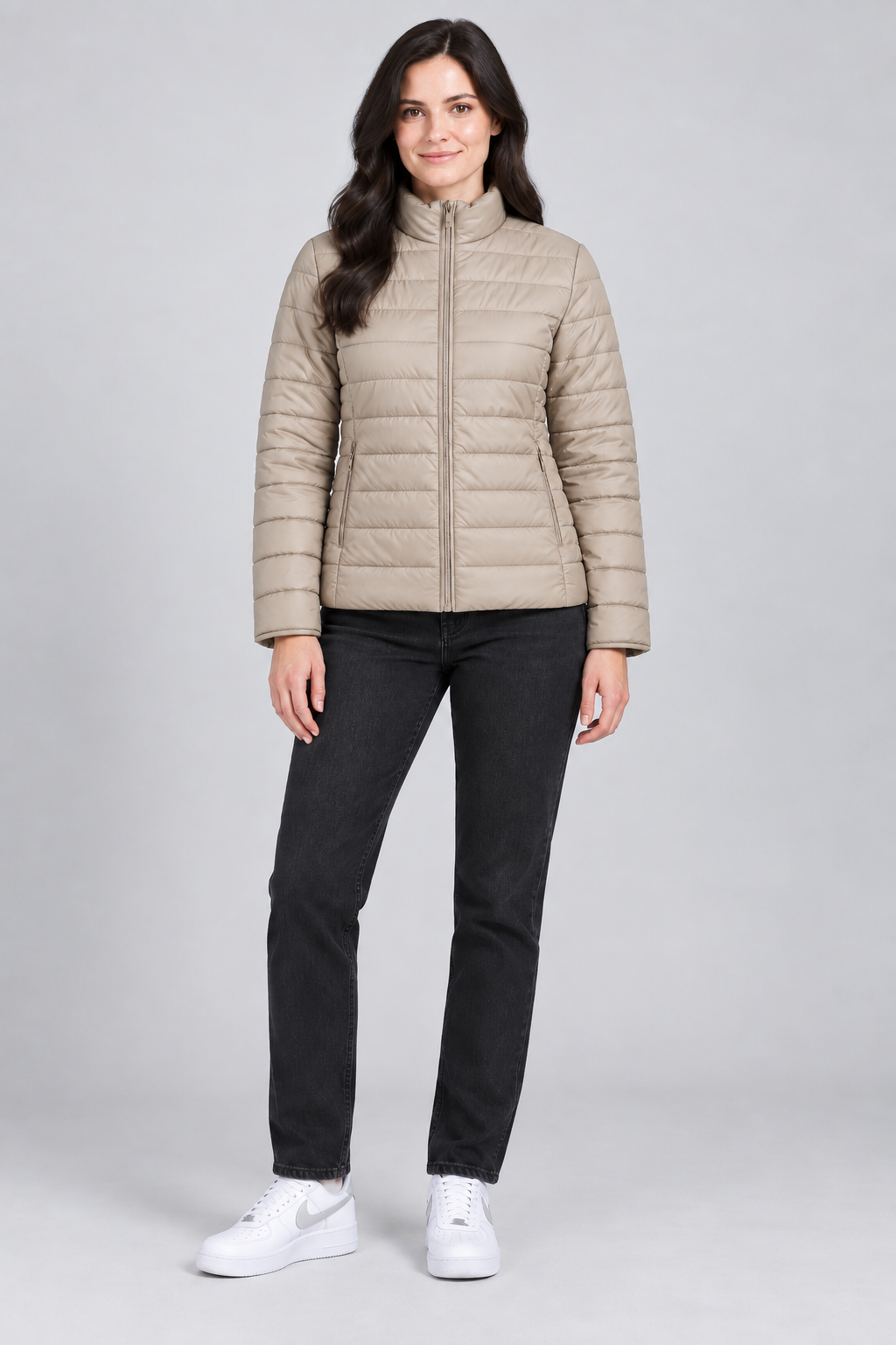 Women’s Lightweight Reversible Nylon Puffer Jacket – Champagne Beige Regular Fit