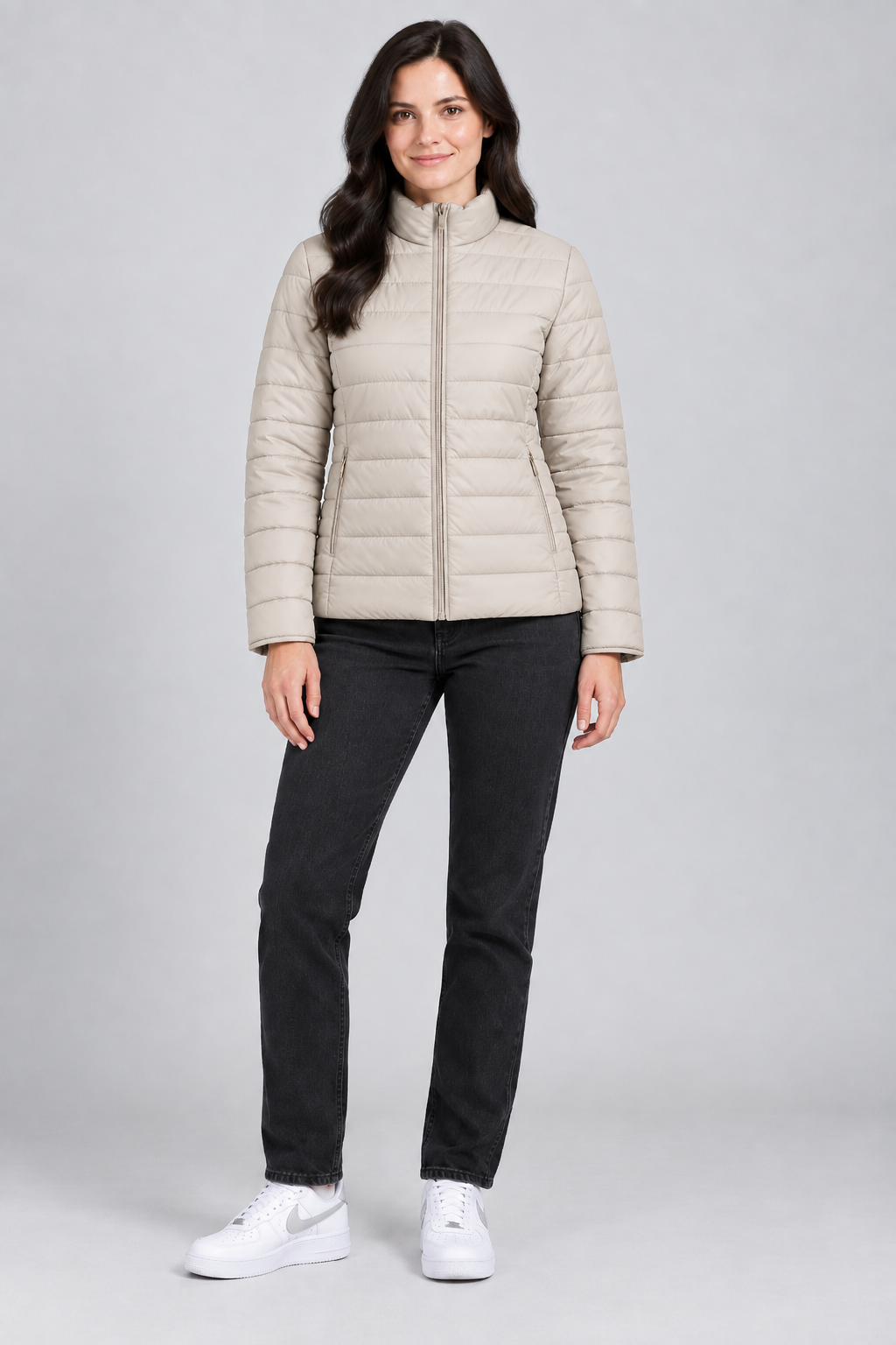 Women’s Lightweight Reversible Nylon Puffer Jacket – Champagne Beige Regular Fit