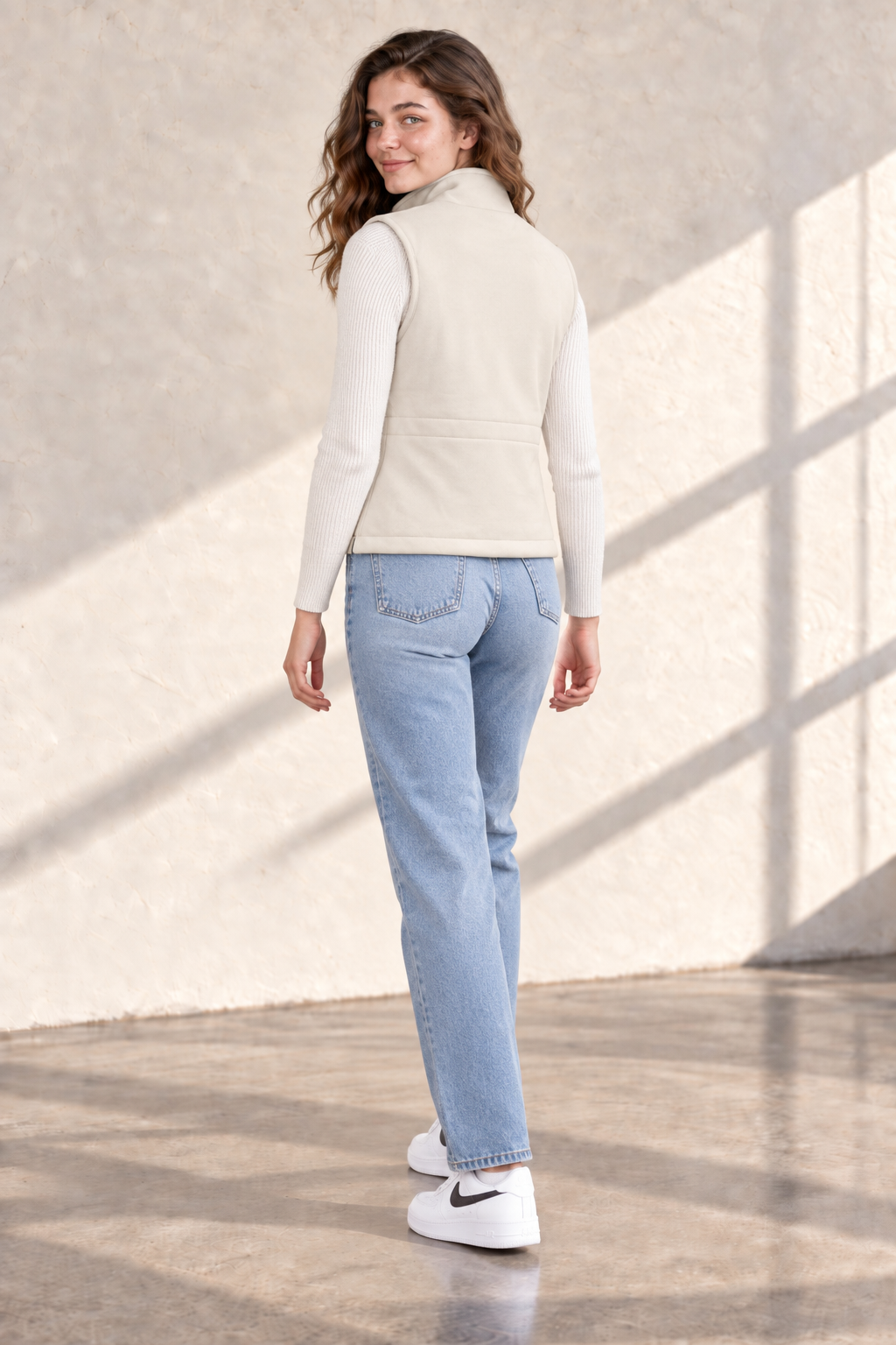 Women’s Suede Puffer Gilet – Ivory Regular Fit Sleeveless Winter Jacket