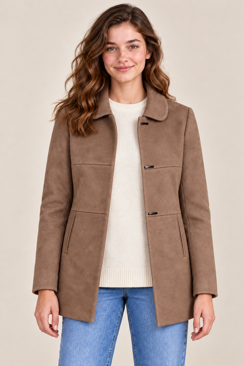 Women’s Regular Fit Knitted Suede Long Coat – Cocoa Brown