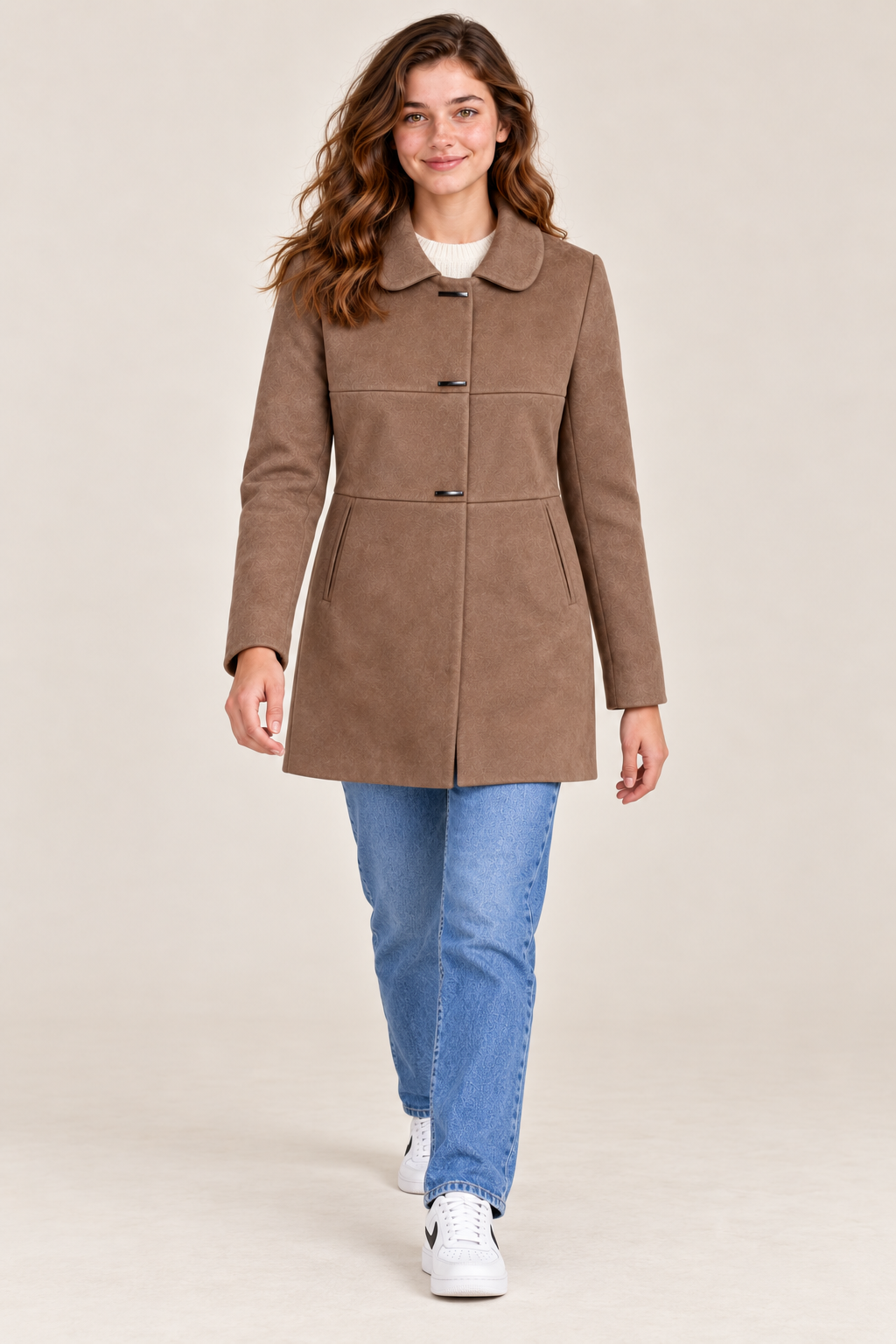 Women’s Regular Fit Knitted Suede Long Coat – Cocoa Brown