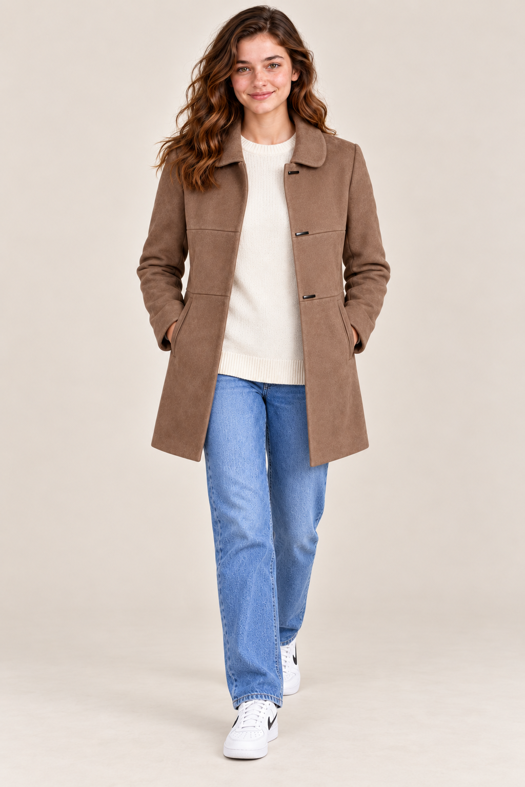 Women’s Regular Fit Knitted Suede Long Coat – Cocoa Brown