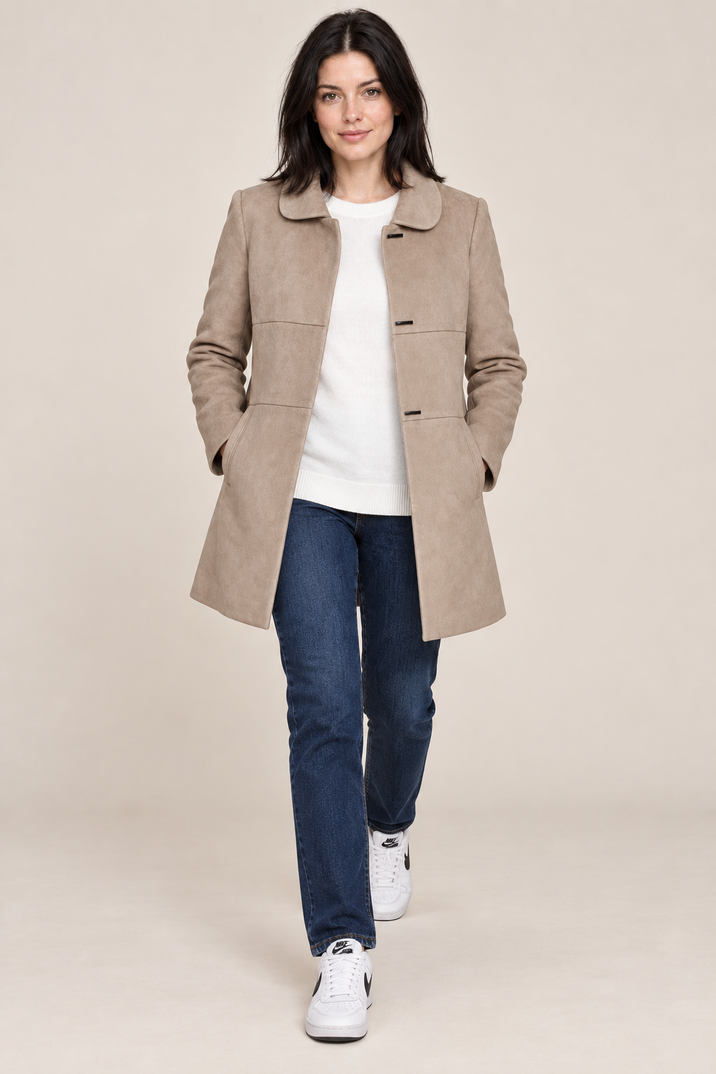 Women’s Regular Fit Knitted Suede Long Coat – Onyx