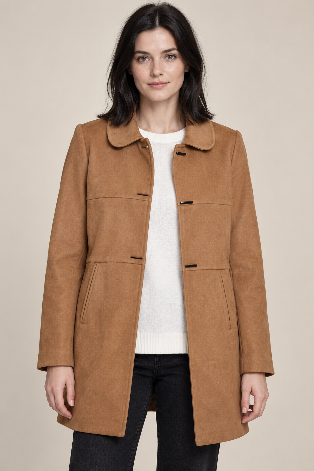 Women’s Regular Fit Knitted Suede Long Coat – Tan
