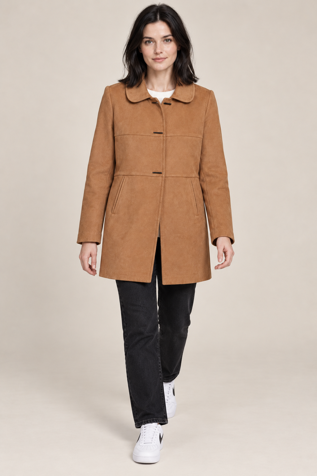 Women’s Regular Fit Knitted Suede Long Coat – Tan