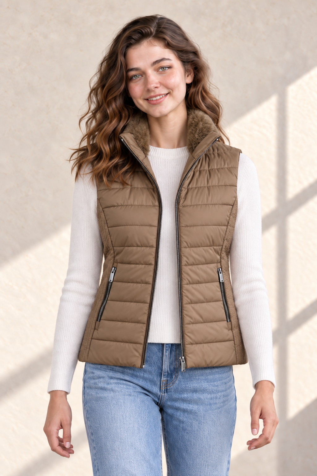 Women’s Fawn Nylon Puffer Gilet with Fur Collar – Regular Fit Sleeveless Winter Jacket