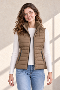 Women’s Fawn Nylon Puffer Gilet with Fur Collar – Regular Fit Sleeveless Winter Jacket