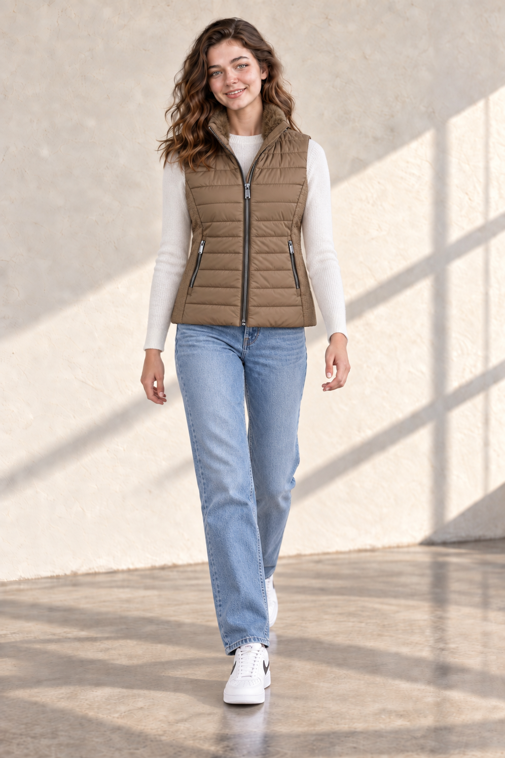 Women’s Fawn Nylon Puffer Gilet with Fur Collar – Regular Fit Sleeveless Winter Jacket
