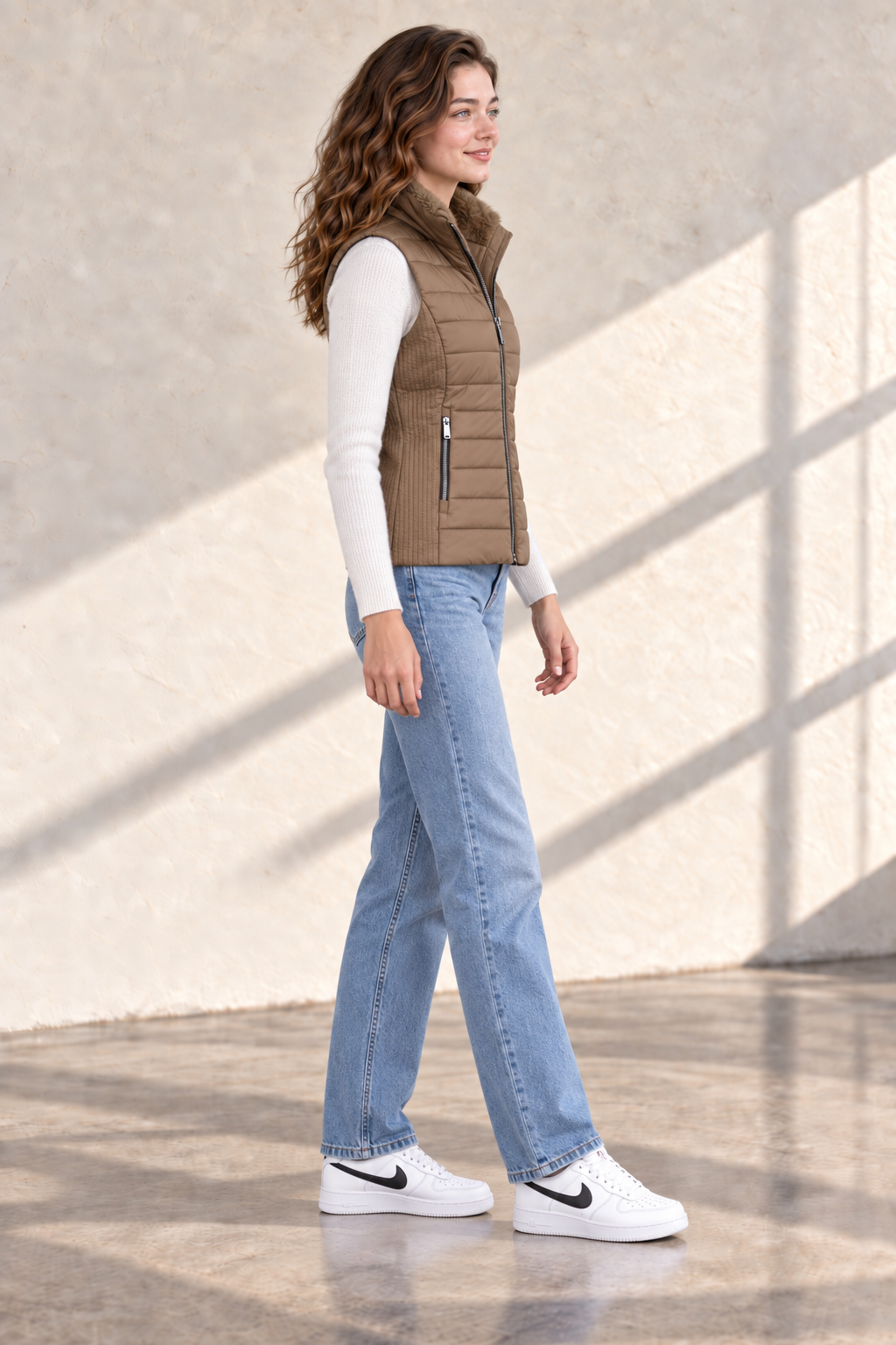 Women’s Fawn Nylon Puffer Gilet with Fur Collar – Regular Fit Sleeveless Winter Jacket