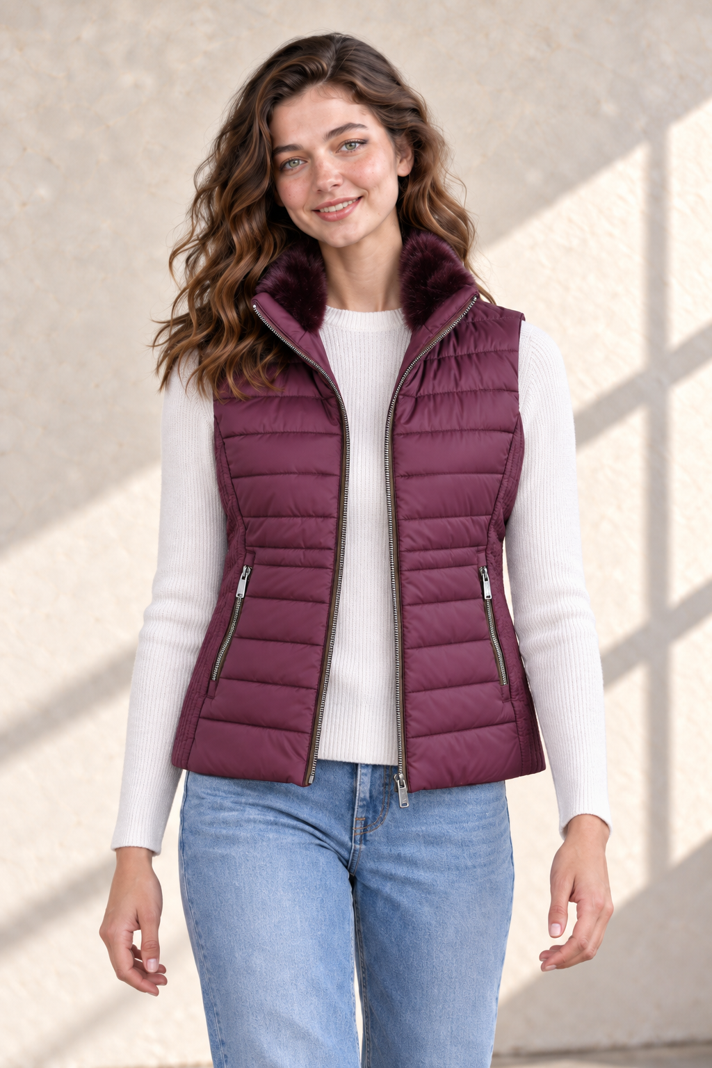 Women’s Wine Nylon Puffer Gilet with Fur Collar – Regular Fit Sleeveless Winter Jacket