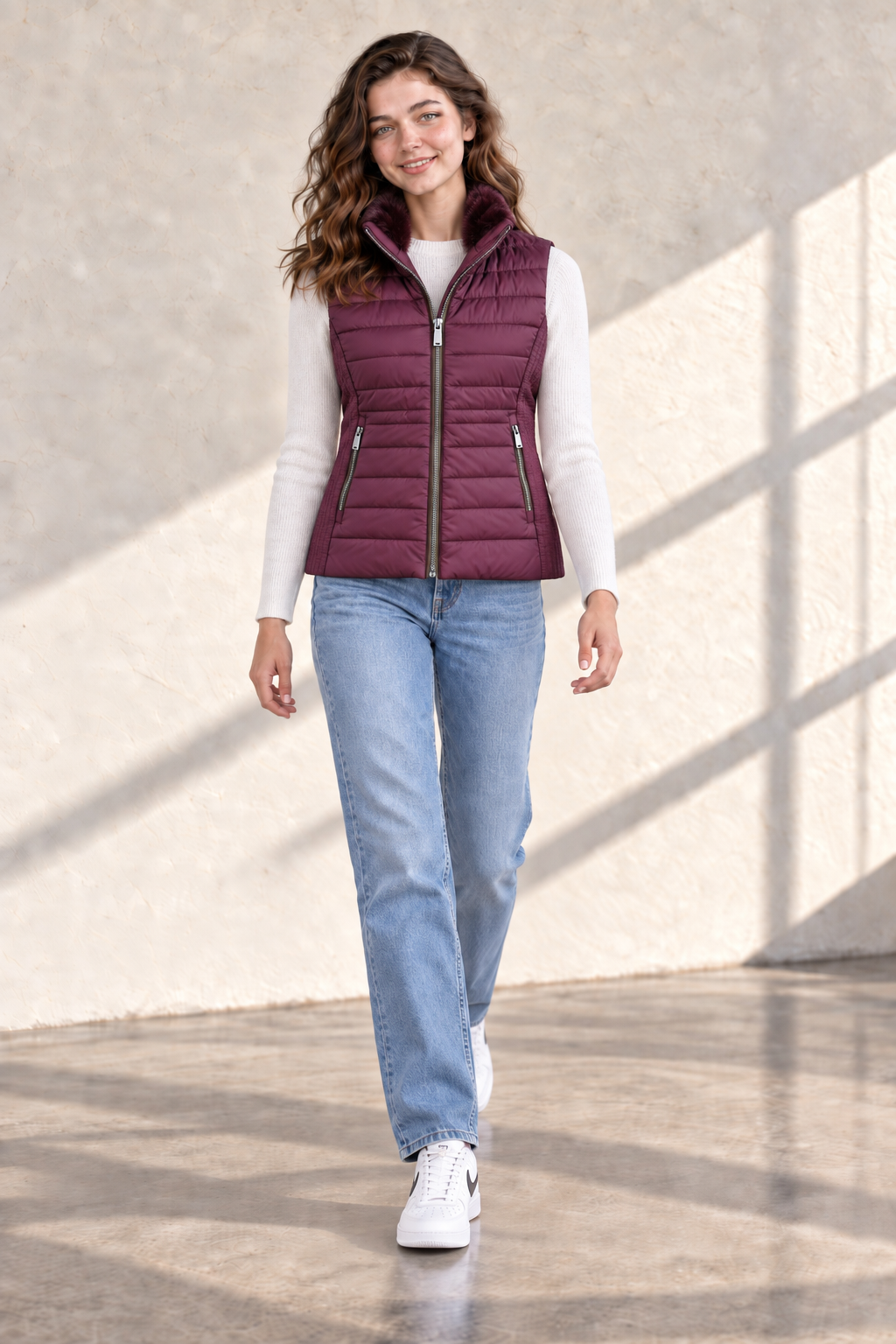Women’s Wine Nylon Puffer Gilet with Fur Collar – Regular Fit Sleeveless Winter Jacket