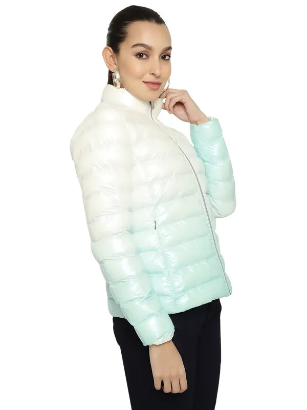 Mettle Women White Geometric Colourblocked Puffer Jacket