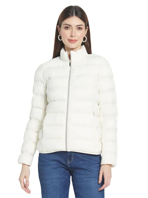 Mettle Women Off White Stand Collar Padded Jacket