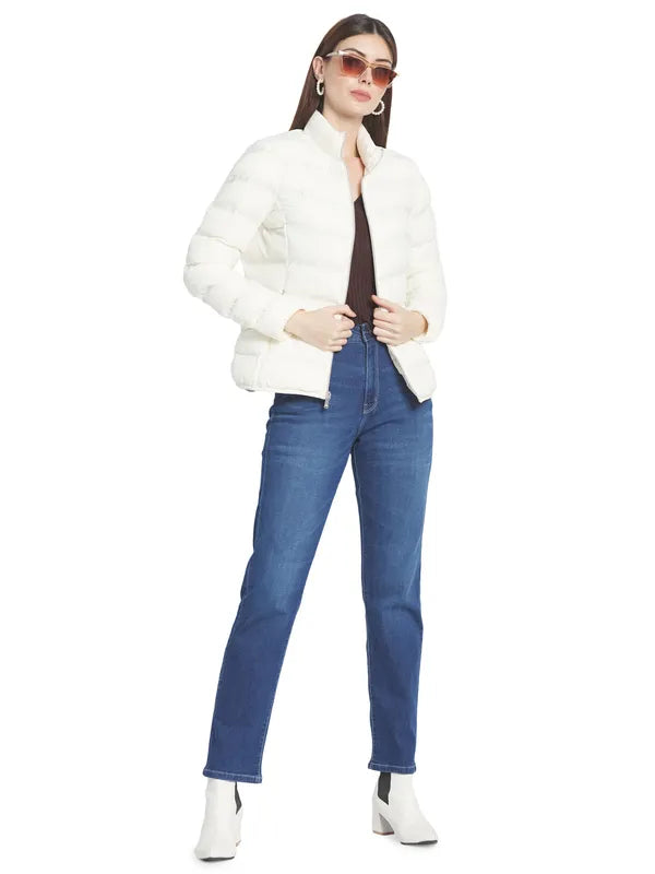 Mettle Women Off White Stand Collar Padded Jacket