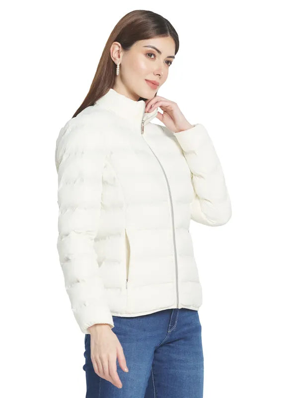 Mettle Women Off White Stand Collar Padded Jacket